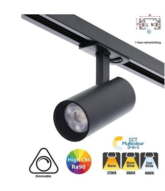 1 Fase Rail Spot 10w, 800 Lumen, CCT-Switch (2700K/3000K/4000K), CRI90, UGR19, Dimbaar, Zwartkleurige behuizing, 3 Jaar Garantie